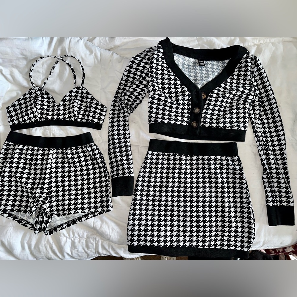 Four piece set (top, cardigan/blazer, skirt, and shorts)!